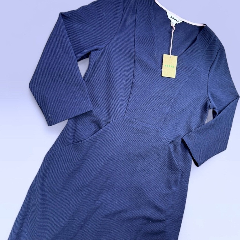 Boden Ottoman Ribbed V-Neck Dress Women 10R Navy Blue Textured Pocket Knit NWT